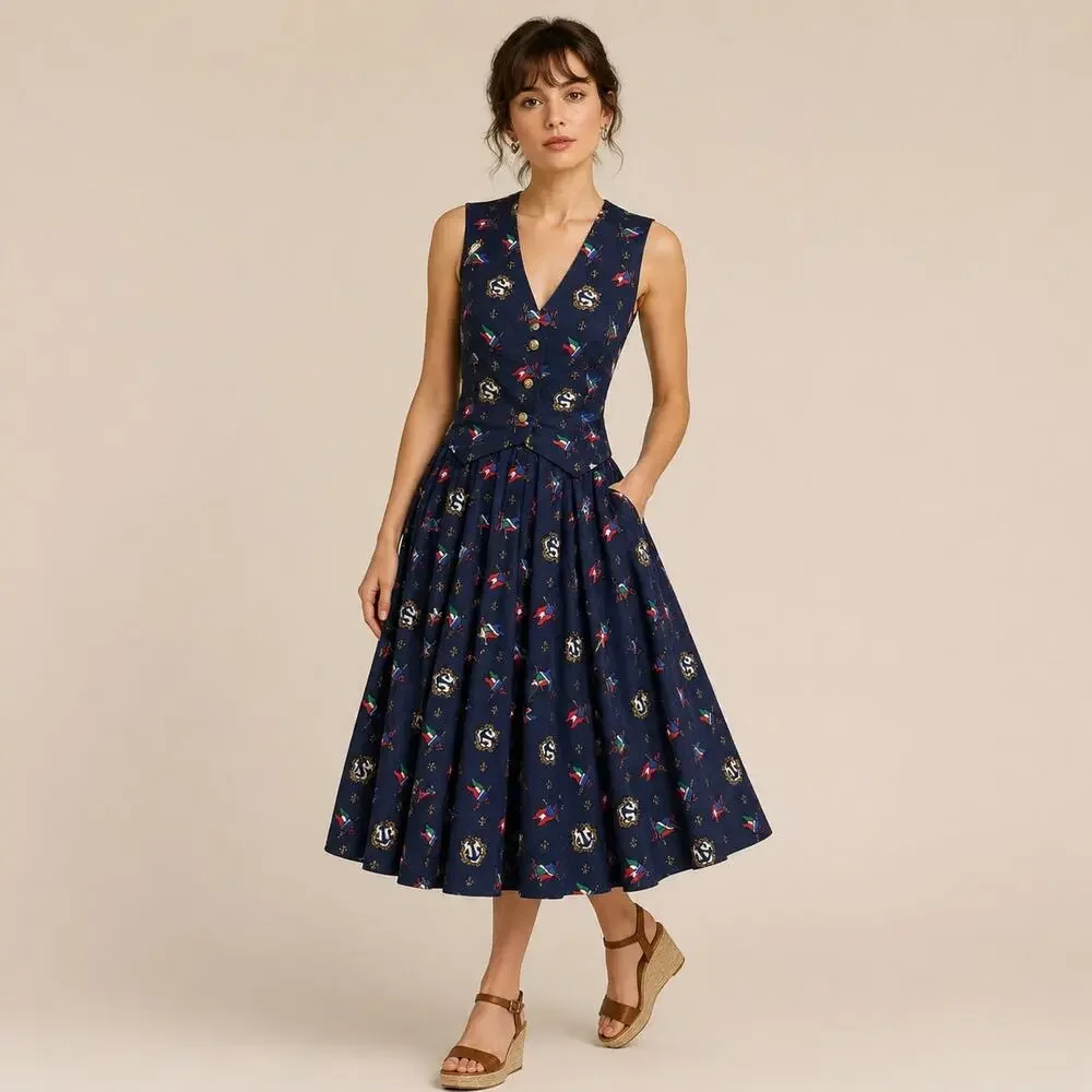 Vintage Nautical Anchor Flag Print Vest Full Circle Skirt MAtching Set XXS
